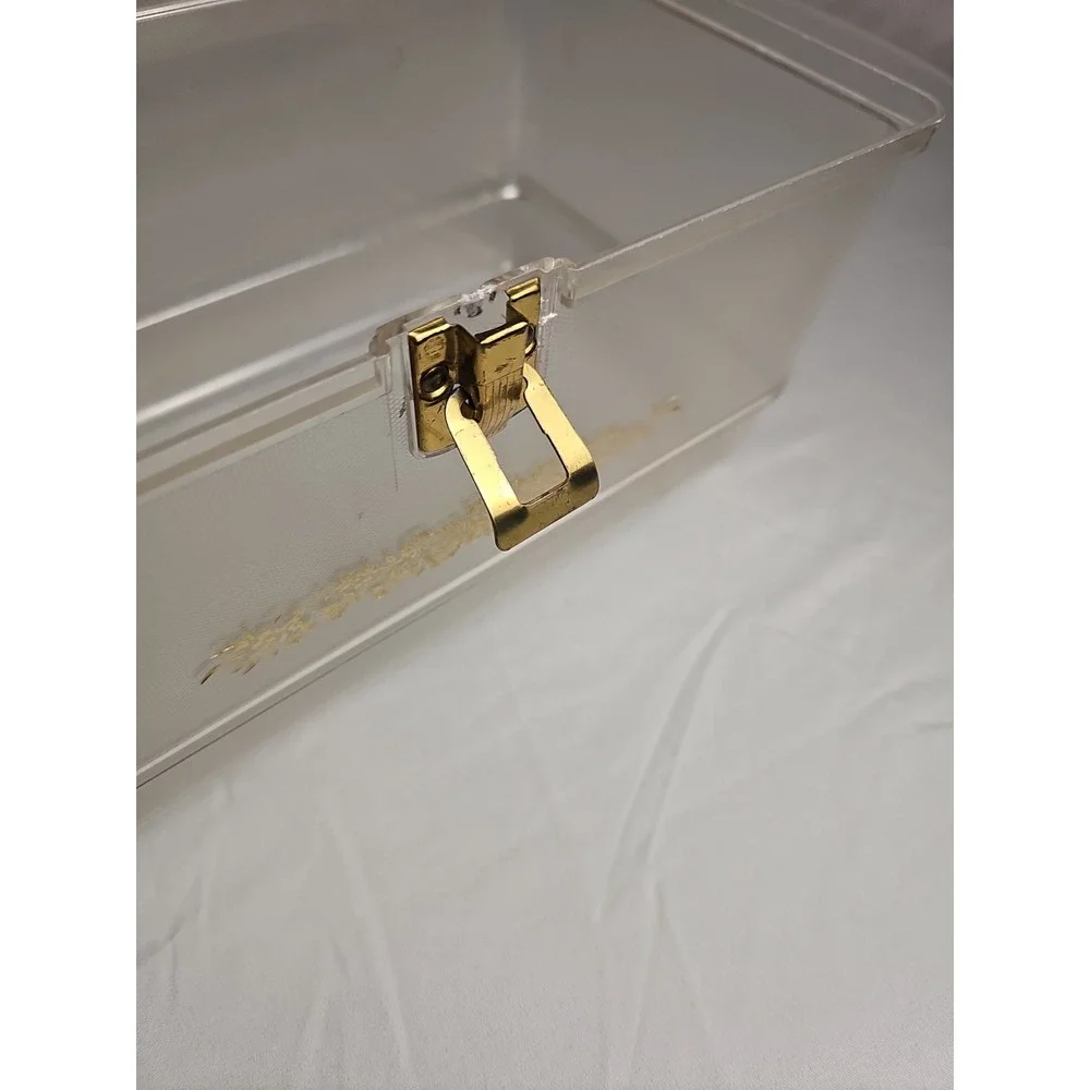 Vintage Will Hold Clear Lucite Sewing Box Gold Floral Craft Storage Carry Case